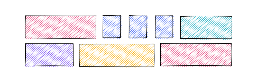 Graphic of boxes of different sizes, with different coloured stripes