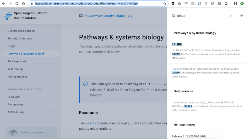 Screenshot of the Open Targets Platform documentation, showing the pathways and systems biology page