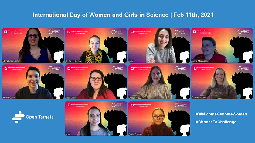 Graphic featuring the women of Open Targets on a virtual conference call, with backgrounds celebrating the International Day of Women and Girls in Science