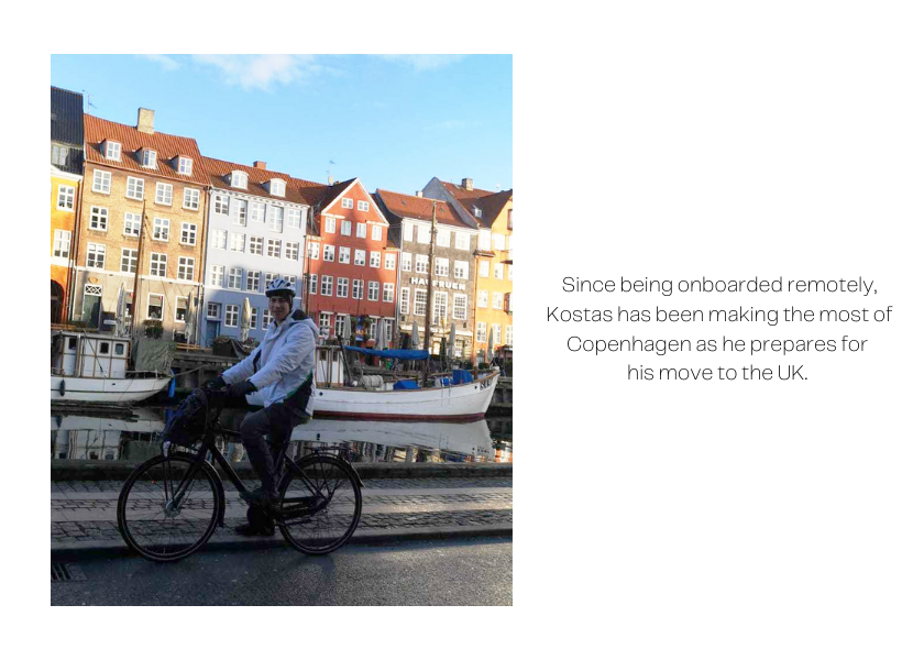 Image of Kostas riding a bike in Copenhagen's famous Nyhavn area. The caption reads: Since being onboarded remotely, Kostas has been making the most of Copenhagen as he prepares for his move to the UK.