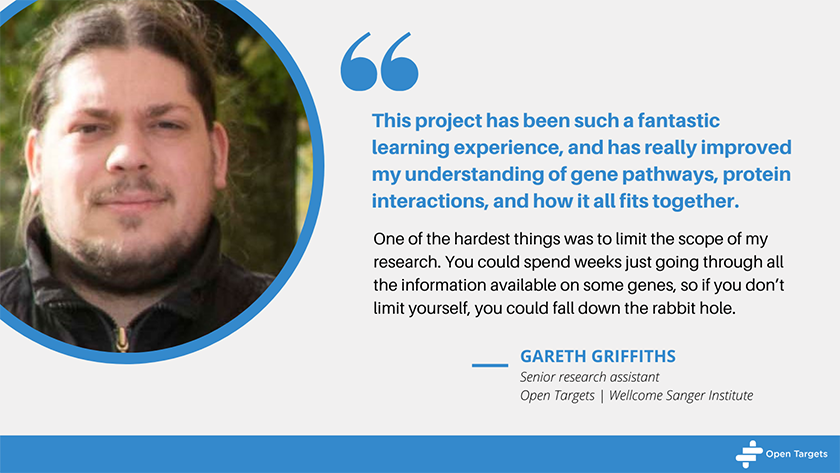 Quote from Gareth Griffiths: This project has been such a fantastic learning experience, and has really improved my understanding of gene pathways, protein interactions, and how it all fits together. One of the hardest things was to limit the scope of my research. You could spend weeks just going through all the information available on some genes, so if you don’t limit yourself, you could fall down the rabbit hole. 