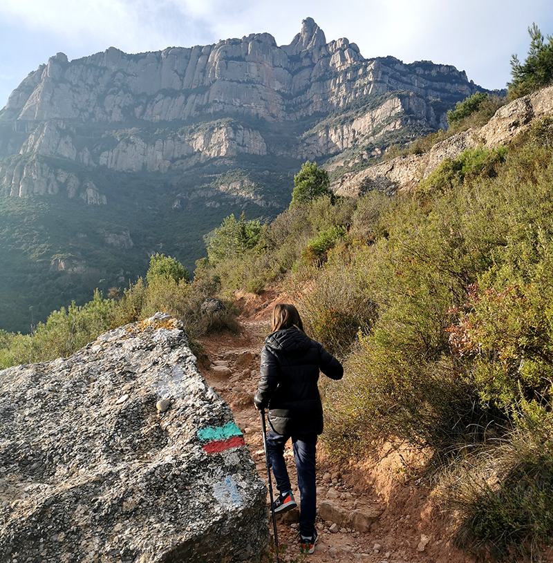 A person in walking gear heads up a path into rocky mountains.