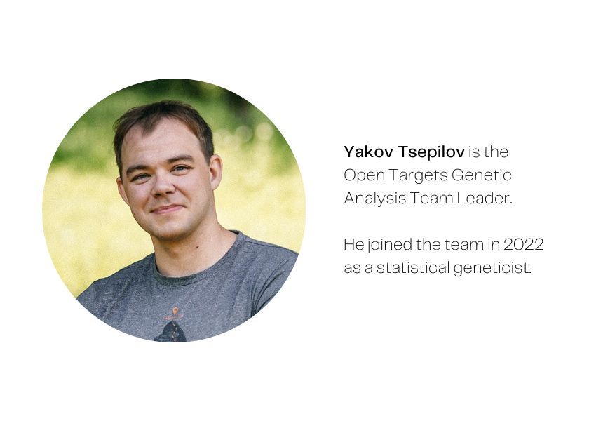 Next to a photo of Yakov, text reads: Yakov Tsepilov is the Open Targets Genetic Analysis Team Leader. He joined the team in 2022 as a statistical geneticist.