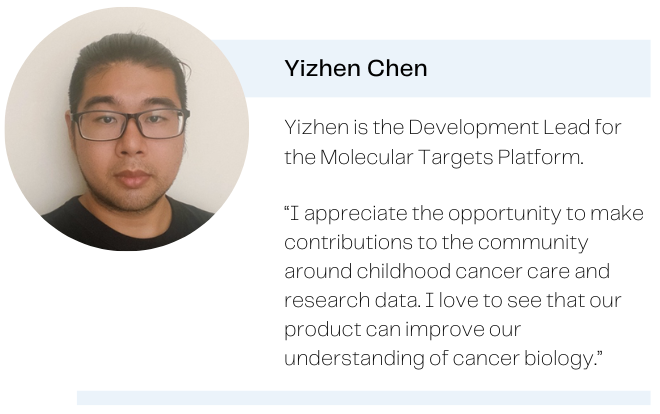 Photo of Yizhen Chen, with the caption: Yizhen is the Development Lead for the Molecular Targets Platform. Quote: I appreciate the opportunity to make contributions to the community around childhood cancer care and research data. I love to see that our product can improve our understanding of cancer biology.