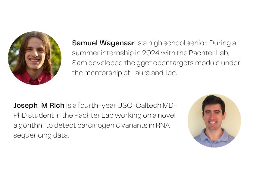 Next to two profile photos, text reads: Samuel Wagenaar is a high school senior. During a summer internship in 2024 with the Pachter lab, Sam developed the gget opentargets module under the mentorship of Laura and Joe. Joseph M Rich is a fourth-year USC-Caltech MD-PhD student in the Pachter Lab working on a novel algorithm to detect carcinogenic variants in the RNA sequencing data.