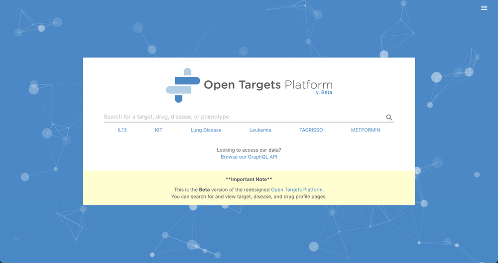 Screenshot of Open Targets' Beta Platform homepage