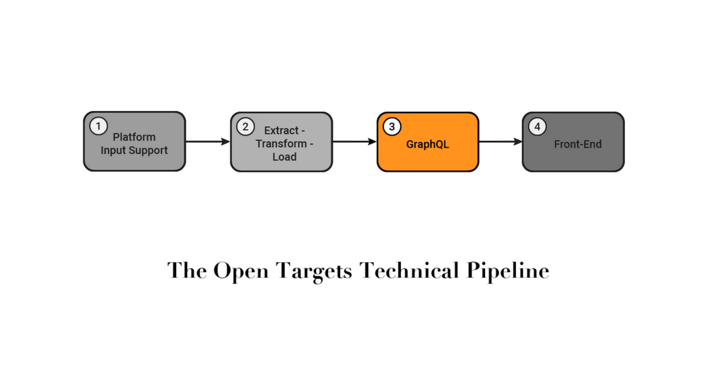 Schematic of the Open Targets technical pipeline. The third section, GraphQL, is highlighted. 