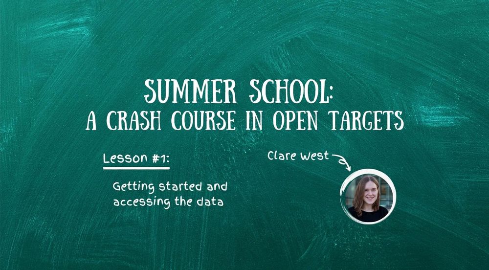 Chalkboard with the text: Summer School, a crash course in Open Targets. Lesson #1: Getting started and accessing the data 