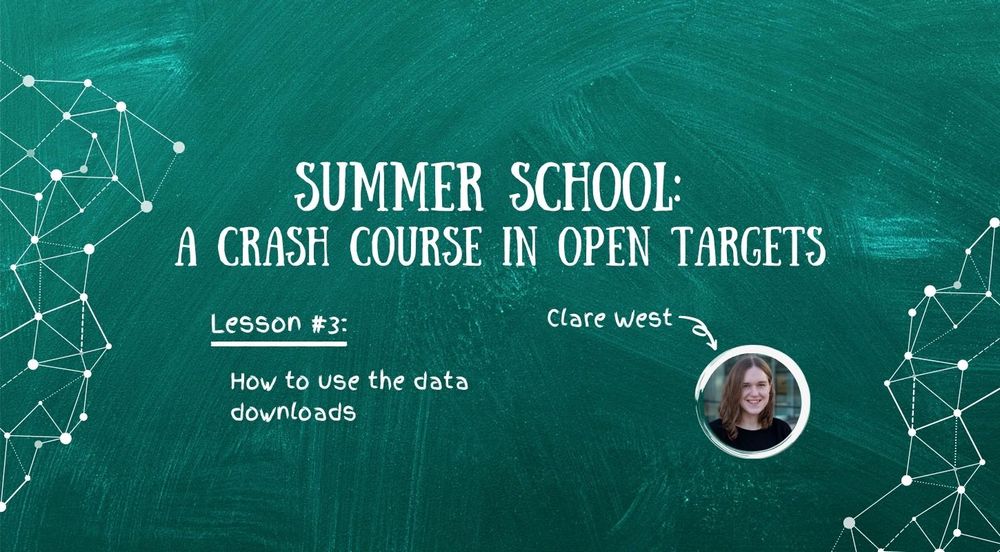 Chalkboard with the text: Summer School, a crash course in Open Targets. Lesson #3: how to use the data downloads