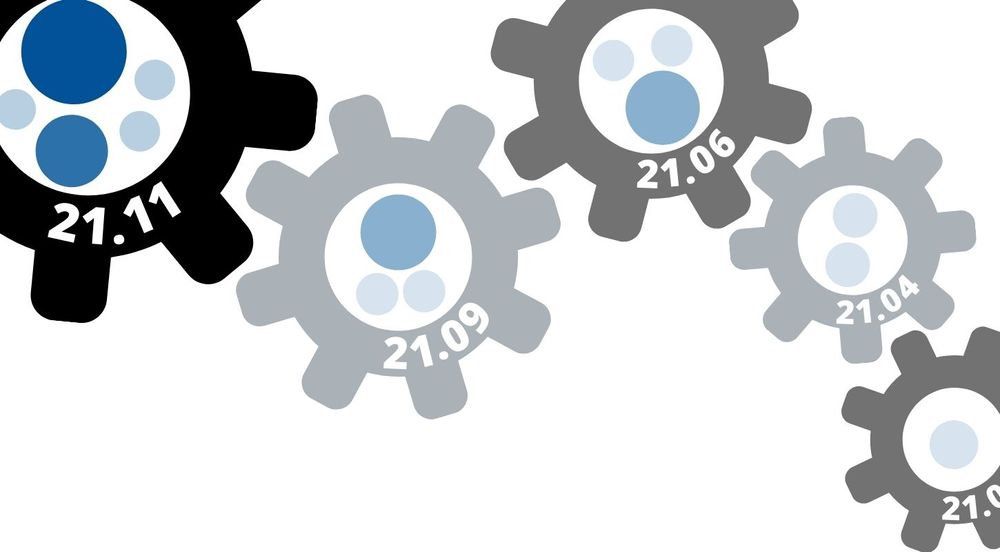 Interconnected cartoon cogs each featuring a release number (21.11, 21.09...)