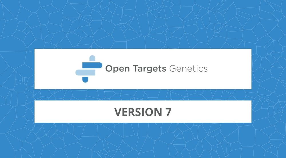 Over the blue background of the Genetics portal, the Open Targets Genetics logo on a white background. Text reads: Version 7