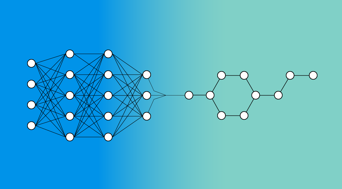 The final set of nodes in a machine learning neural network connect to the first atom of a simplified chemical structure