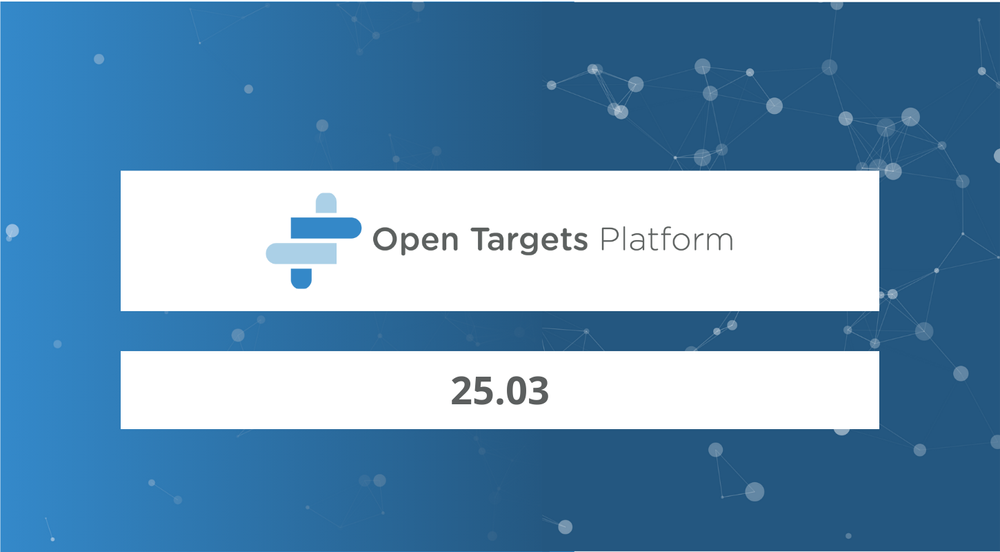 Graphic featuring the Open Targets Platform logo with the tag: 25.03. The background is a left to right gradient of light to dark blue, with networks of dots that get more complex.