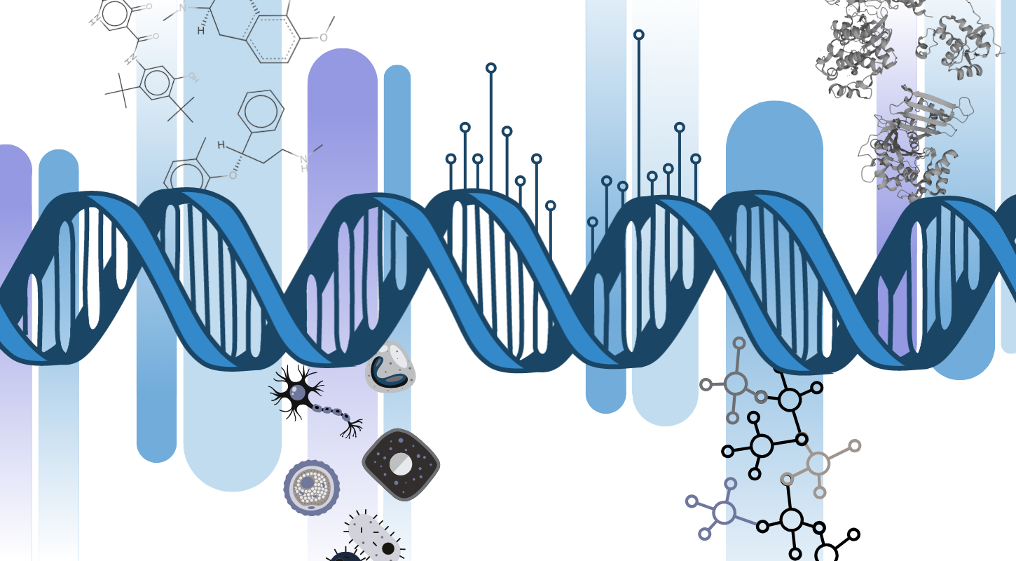 A DNA helix lies across the page, from which different elements emerge, including drug structure, cells, networks, manhattan plots, networks, and protein structures.